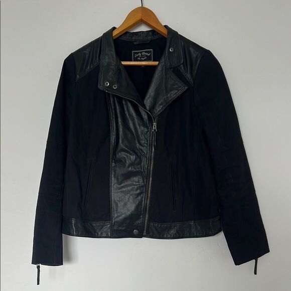 Lucky Brand Miz Hybrid Moto Zip Jacket Black Canvas Goat Leather Cotton Size M - Picture 2 of 6